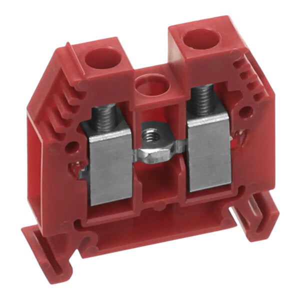 A red plastic Moffat terminal block with silver screws.
