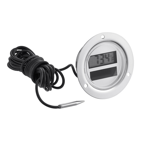 A Miljoco flush-mount digital thermometer with a wire.