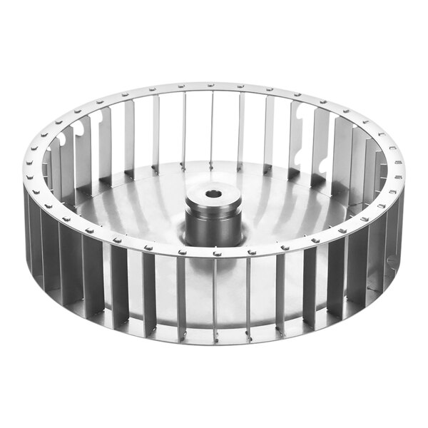 A circular metal Moffat fan wheel with holes in it.