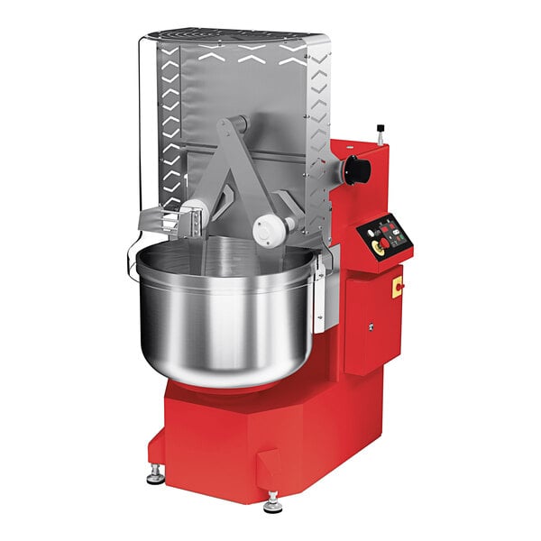 A Eurodib twin-arm dough mixer with a stainless steel bowl and a red and silver base.