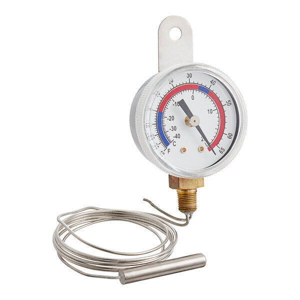 A Miljoco refrigerator/freezer thermometer with a wire attached to it.