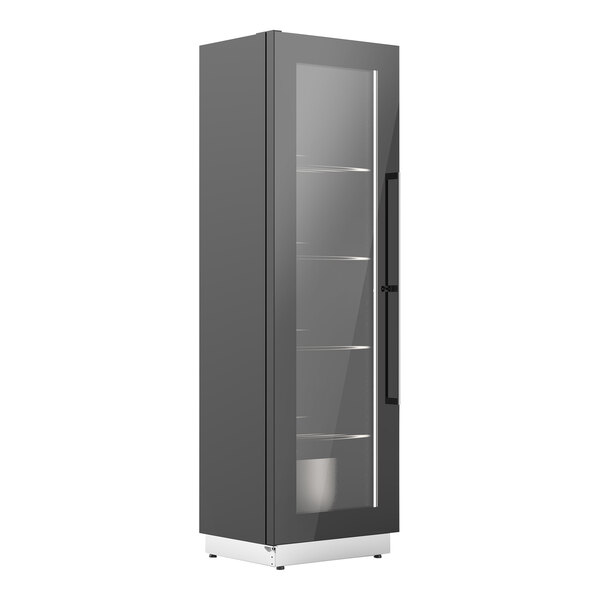 A black tall cabinet with glass doors.
