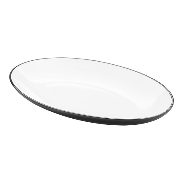 An oval white melamine platter with a black rim.