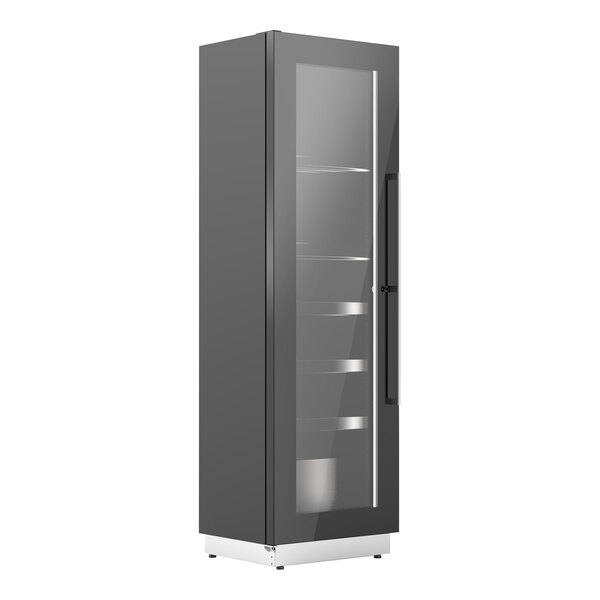 A tall black Enofrigo wine refrigerator with glass doors.