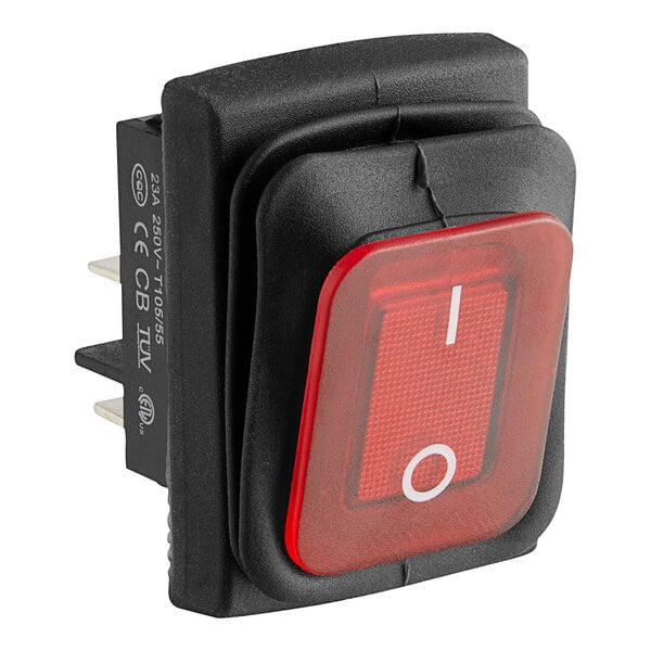A close-up of a red and black push button switch with the words "On / Off" on it.