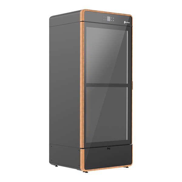 An Enofrigo i.Am wine refrigerator with a black door frame and glass doors.