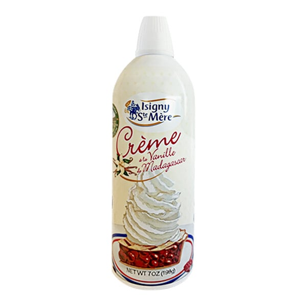 A white container of Isigny Sainte-Mere whipped cream with a label on it.