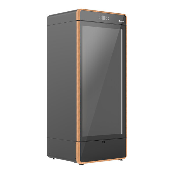 An Enofrigo wine refrigerator with a black rectangular frame and glass door.