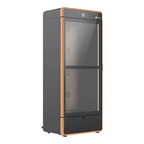 An Enofrigo wine refrigerator with a black door frame and glass doors.