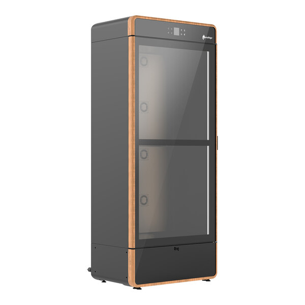 An Enofrigo wine refrigerator with a black and brown rectangular glass cabinet and light wood shelves.