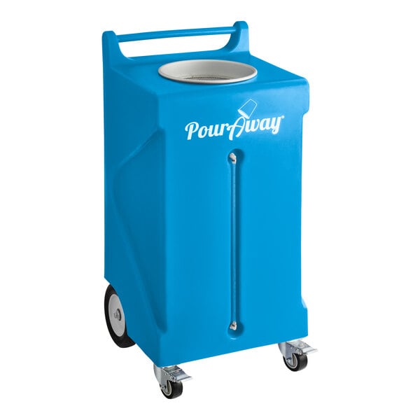 A blue PourAway Cadet rectangular container with wheels.