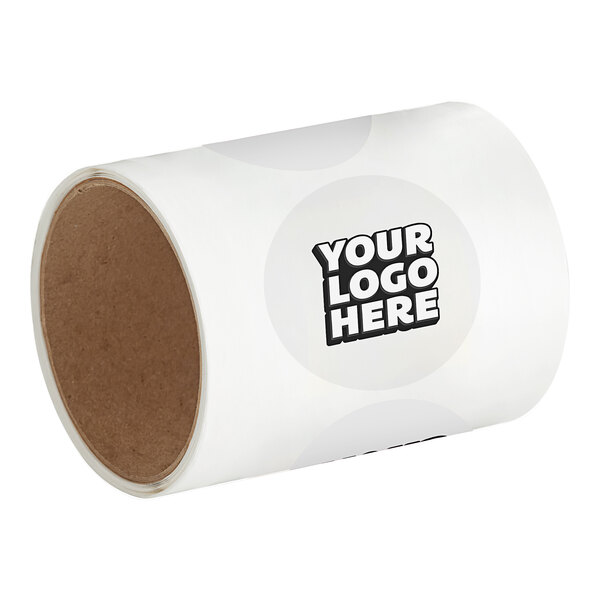A roll of white paper with customizable round vinyl stickers with a logo on it.