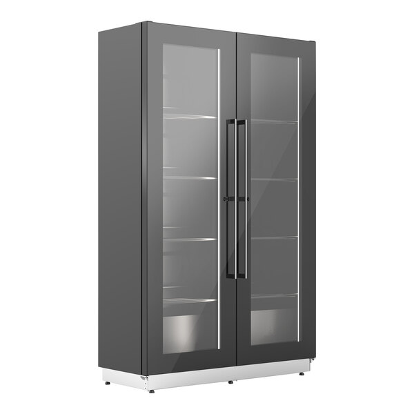 A black Enofrigo wine refrigerator with glass doors on a grey background.