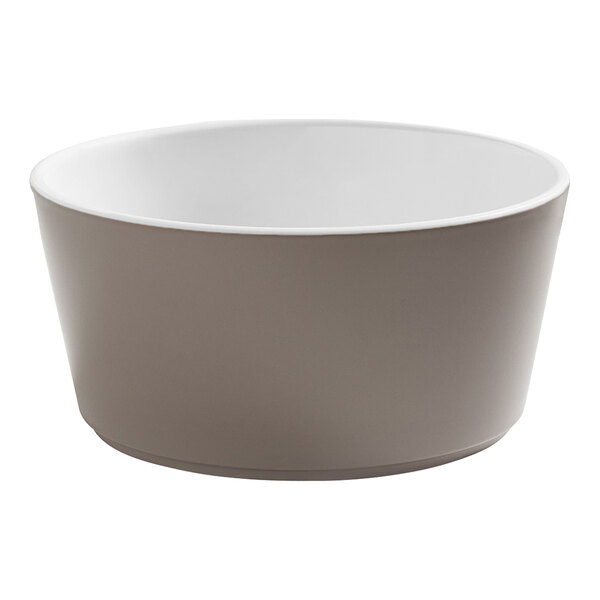 An American Metalcraft mocha melamine bowl with a white rim.