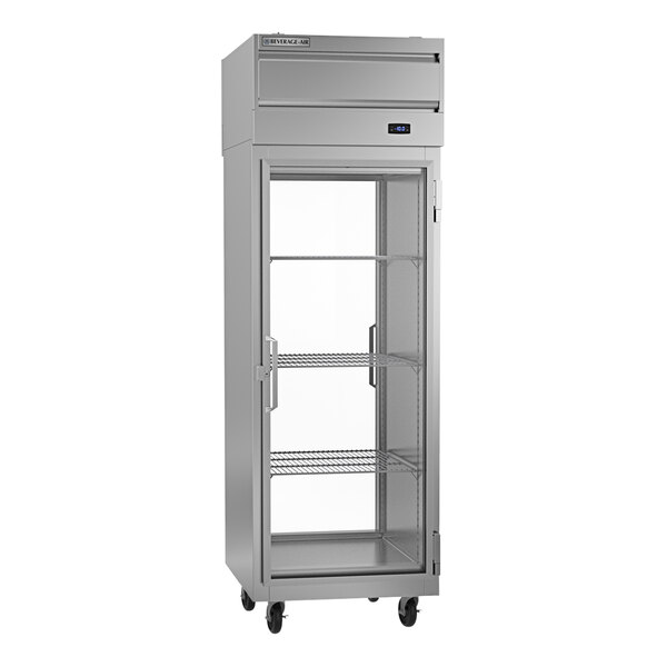 A silver Beverage-Air pass-through freezer with glass doors.