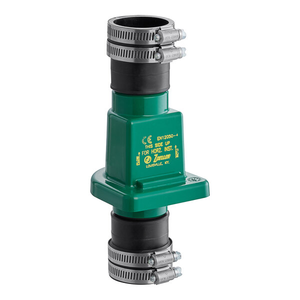 A green and black Zoeller PVC check valve for 1 1/2" and 1 1/4" discharge pipes with metal connectors.