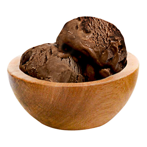 A wooden bowl filled with G.S. Gelato chocolate cookie crunch gelato.