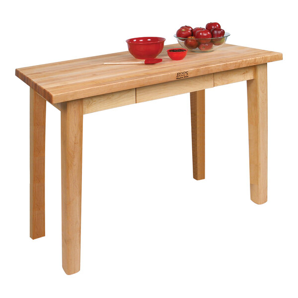A John Boos wood work table with bowls of fruit on it.