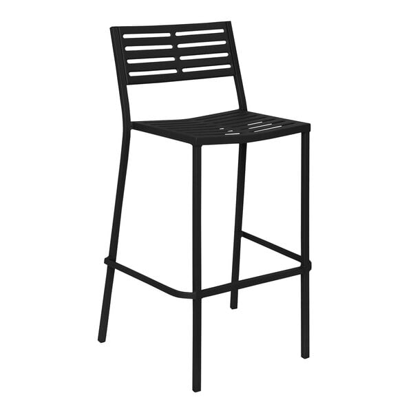 A black BFM Seating Daytona stackable side bar stool with a metal frame and backrest.