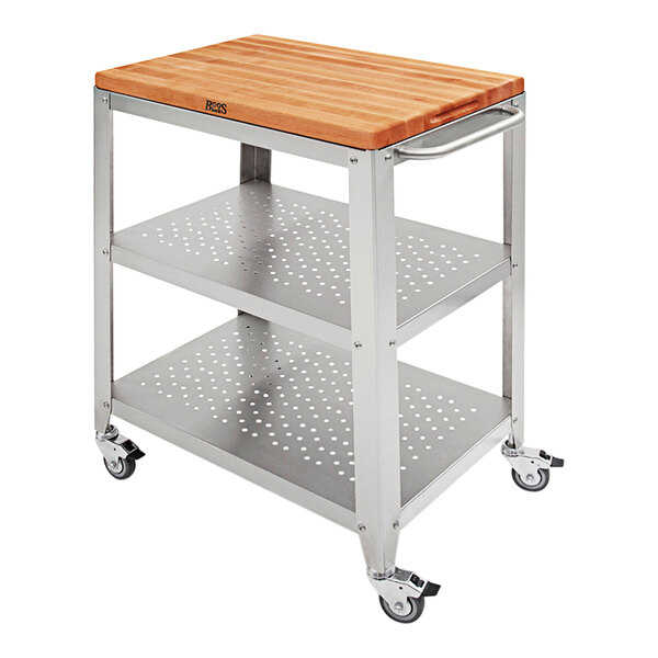 A metal kitchen cart with a wooden top.