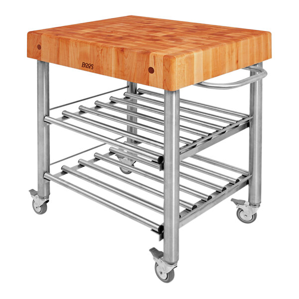 A John Boos cherry wood wine cart with a cutting board top and shelves on a metal cart.