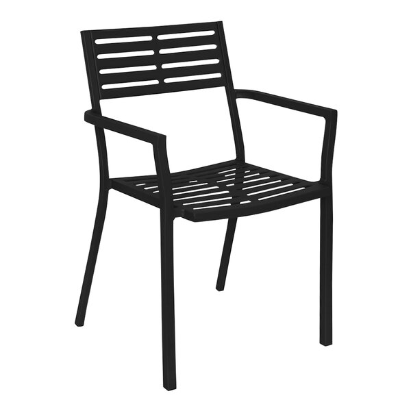 A BFM Seating Daytona black powder-coated steel outdoor restaurant chair with armrests.
