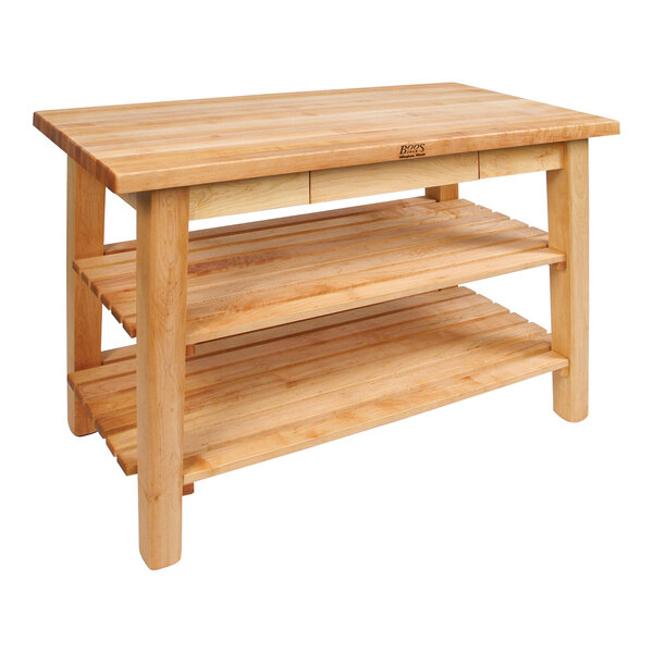 A John Boos natural maple work table with 2 shelves.