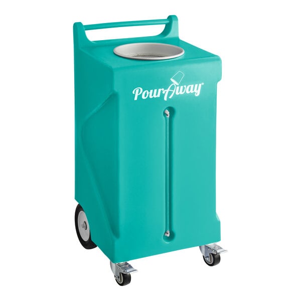 A turquoise rectangular PourAway Cadet trash container with wheels.