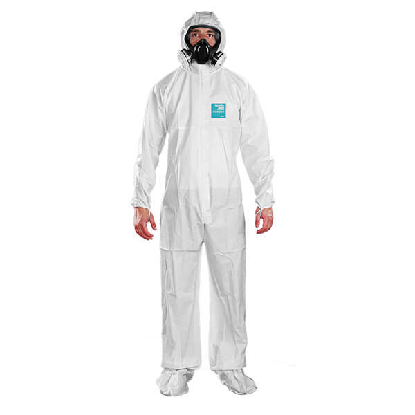 A person wearing a white Ansell AlphaTec coverall with hood and boots.