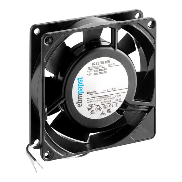 A black Cambro axial fan with a white label.