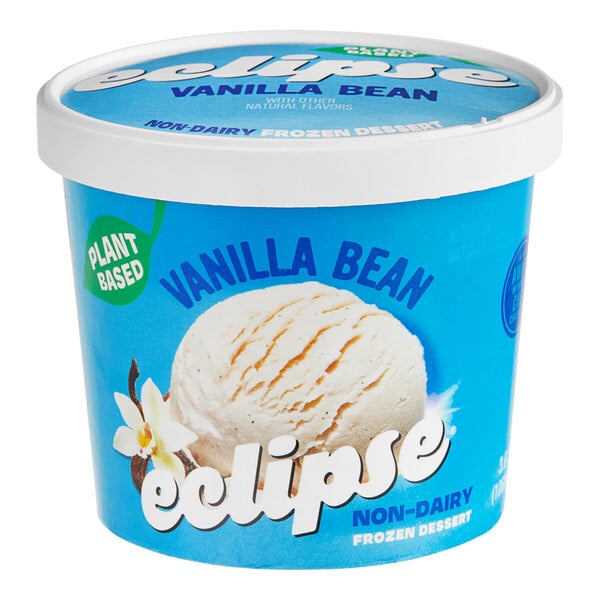 A scoop of Eclipse Foods Vegan Vanilla Ice Cream in a blue container with a white lid.