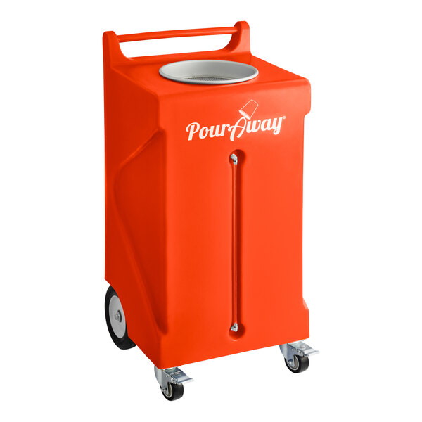 An orange rectangular PourAway Cadet HDPE trash container with wheels.