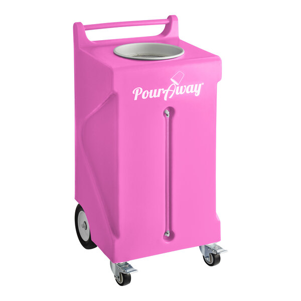 A pink rectangular PourAway Cadet liquids disposal receptacle with wheels.
