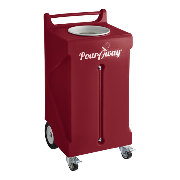 A burgundy rectangular PourAway Cadet liquids disposal receptacle with wheels.