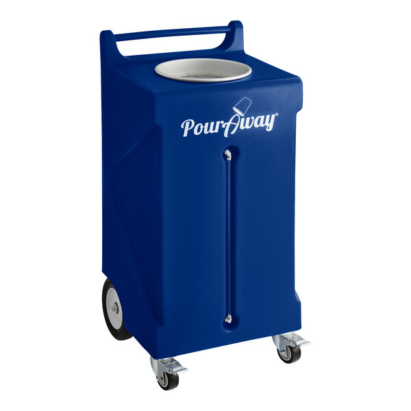 A dark blue rectangular PourAway Cadet 30 gallon container with wheels.