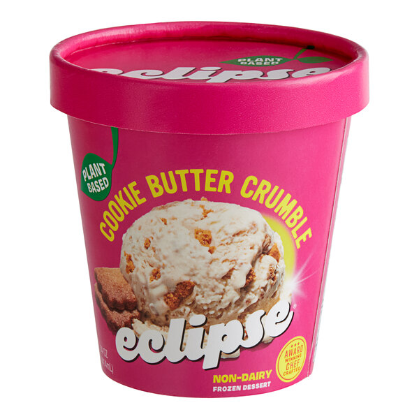 A pink container of Eclipse Foods Vegan Cookie Butter Ice Cream with a white label and a pink lid.