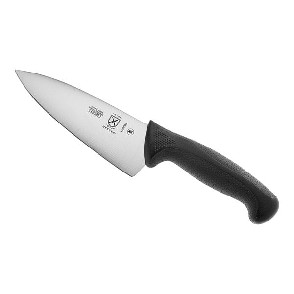 A Mercer Culinary Millennia chef knife with a black handle.