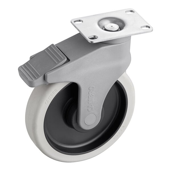 A white and gray Cambro swivel caster with a white rubber tire and metal plate.