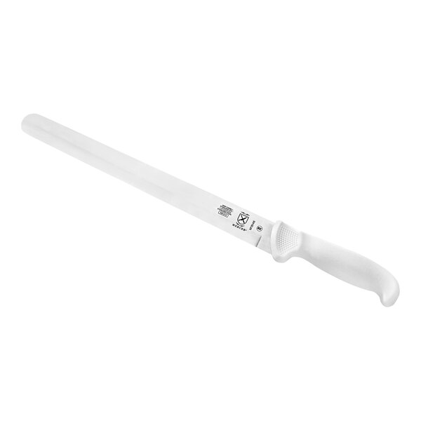 A Mercer Culinary Ultimate White 12" Straight Edge Slicing Knife with a white handle.