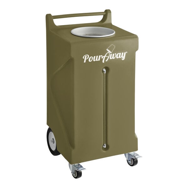 A PourAway Cadet 30 gallon rectangular green HDPE trash container with wheels.