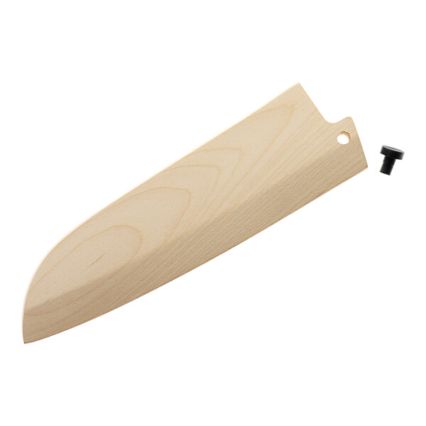 A Mercer Culinary birch wood cover for a Santoku knife with a screw on the side.