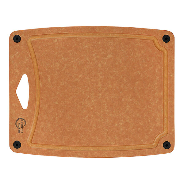 A brown Mercer Culinary composite cutting board with silicone grips.