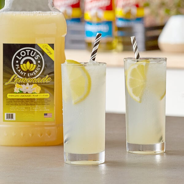 Two glasses of Lotus Plant Energy Lemonade with straws.
