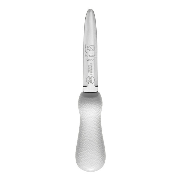 A close-up of a Mercer Culinary stainless steel oyster knife with a textured white handle.