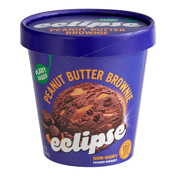 A blue container of Eclipse Foods vegan peanut butter brownie ice cream with a purple label.