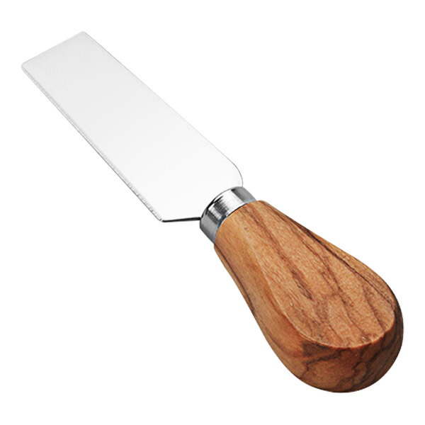 An American Metalcraft stainless steel hard cheese knife with an olive wood handle.
