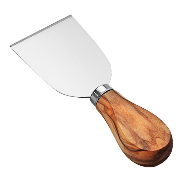 An American Metalcraft stainless steel cheese knife with an olive wood handle.