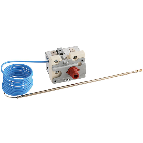 A Main Street Equipment Ego Hi Limit Thermostat for electric convection ovens with a blue wire attached.