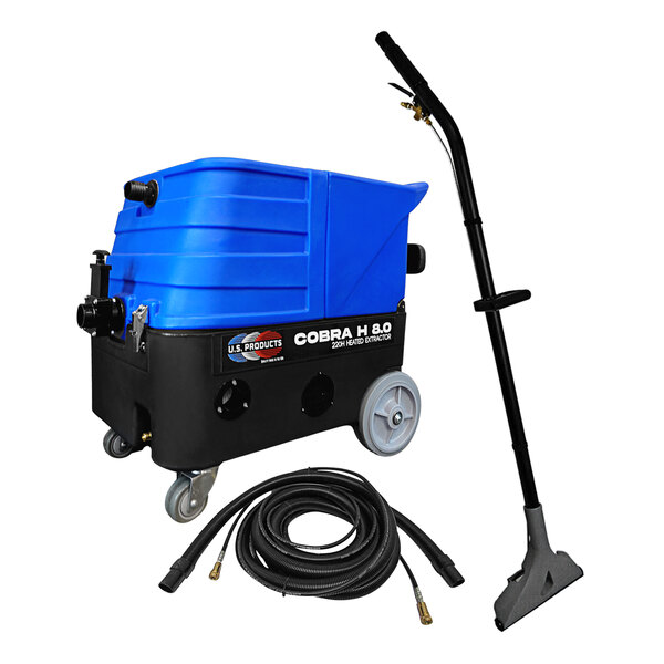 A blue and black U.S. Products Cobra 8.0 carpet extractor with hose.