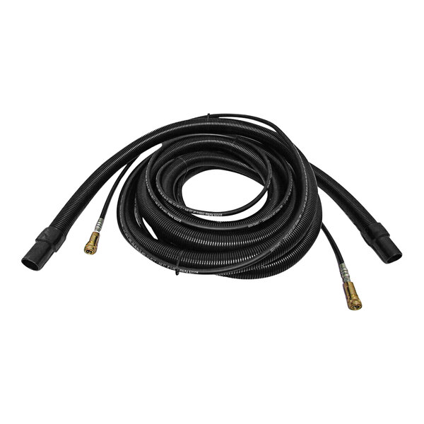 A black U.S. Products hose with gold connectors.